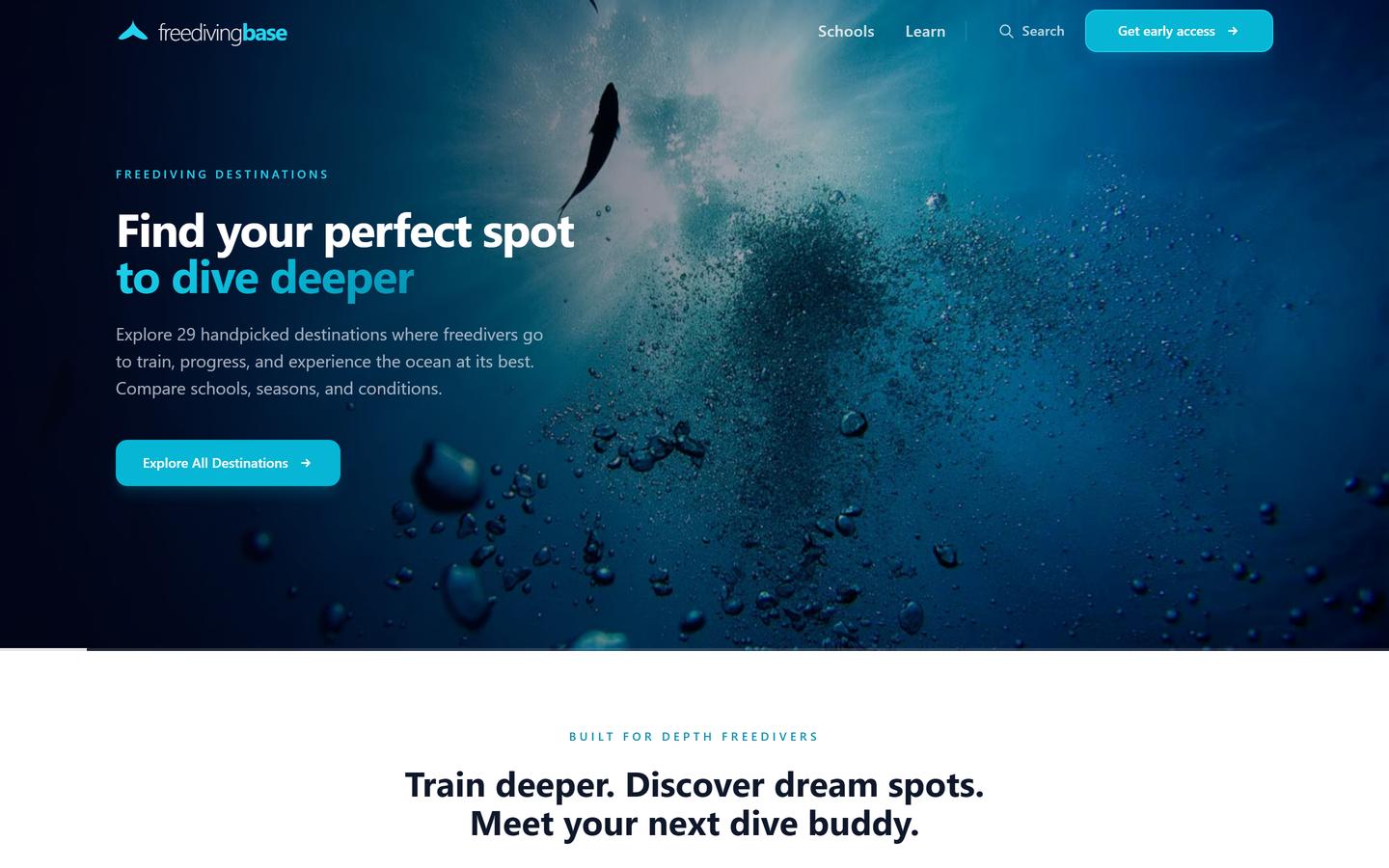 freedivingbase homepage showing the destination directory with a freediver silhouette hero image