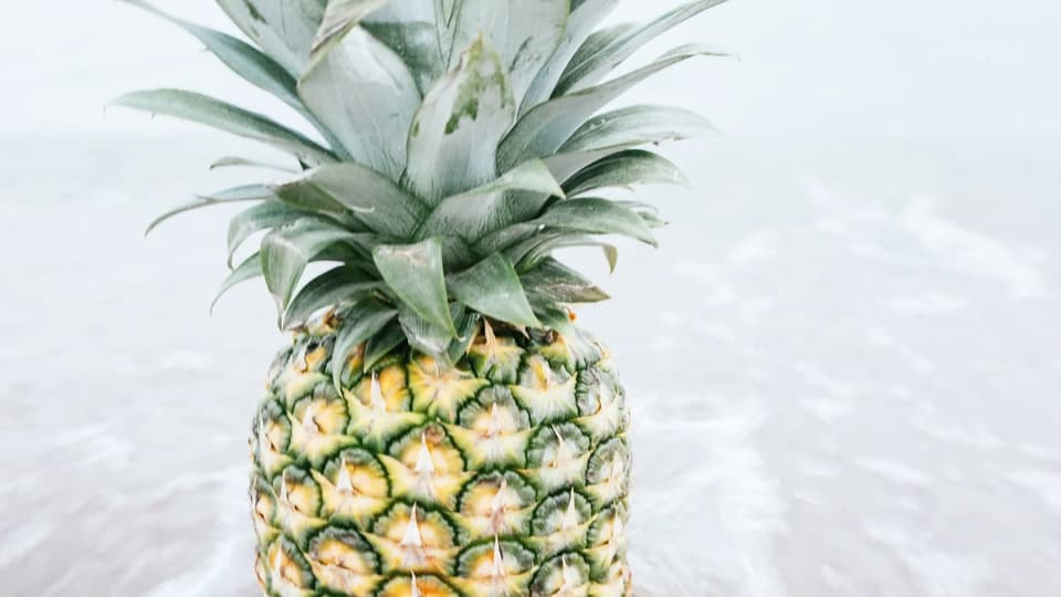 Fresh pineapple at the edge of the surf on a beach